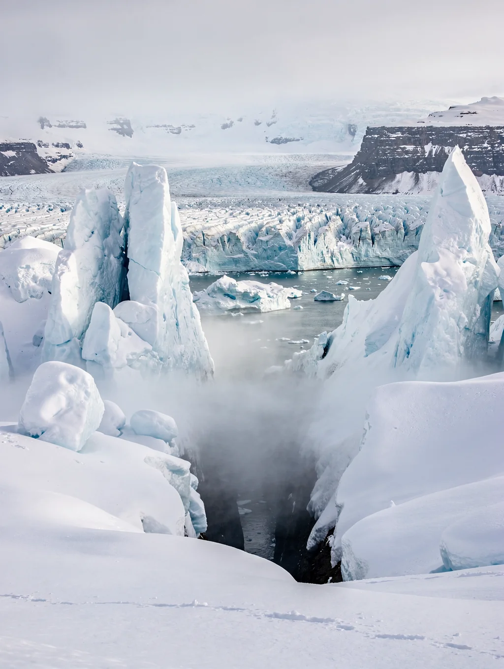 Blue glacial ice formations in Iceland under soft polar light