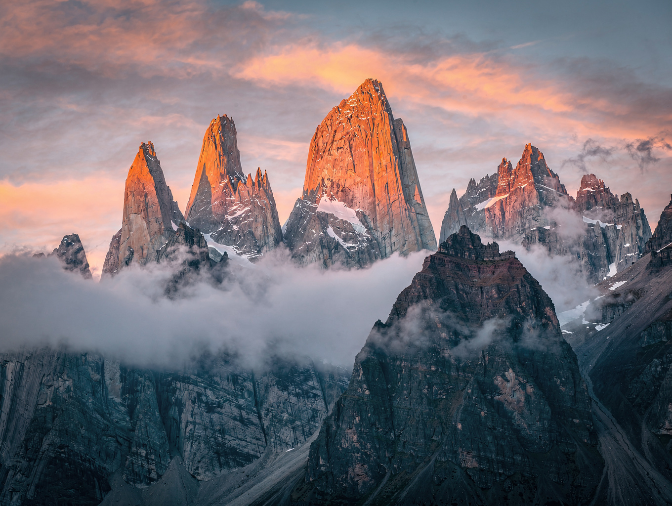 Expansive mountain range in Patagonia at dawn