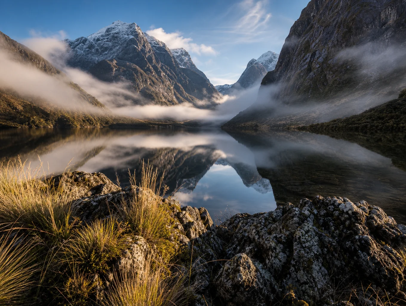 Mist-covered fiords and waterfalls in New Zealand
