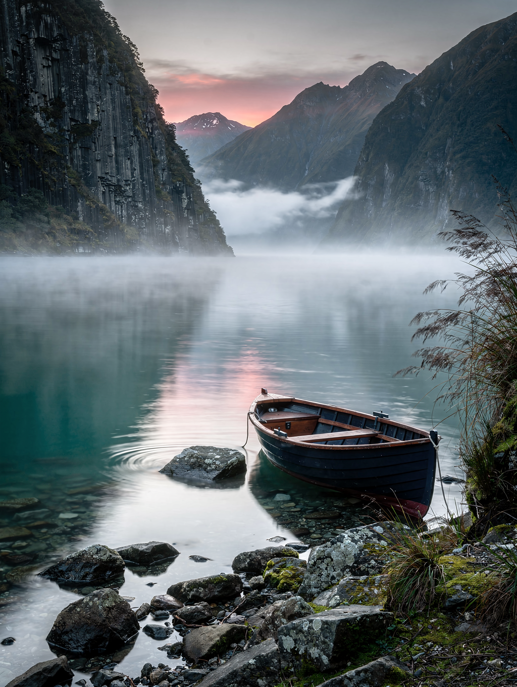 Misty fjord landscape in New Zealand with mossy cliffs