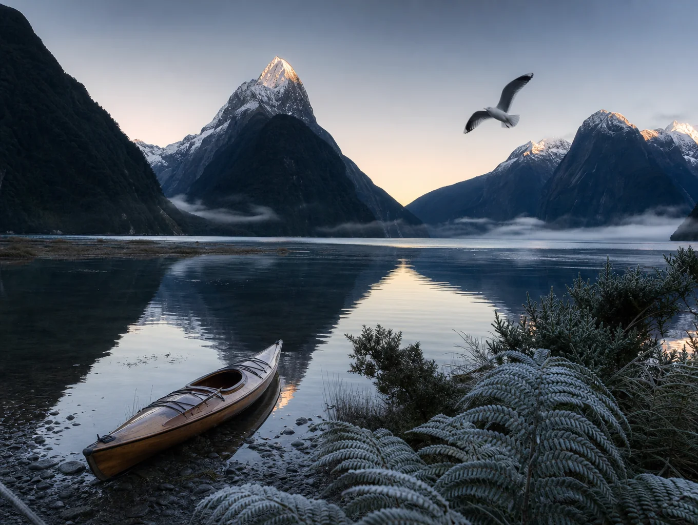 Reflective fjord waters surrounded by lush green mountains