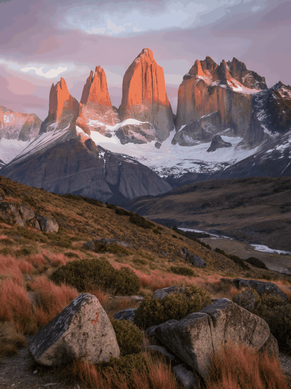 Jagged granite peaks of Patagonia at sunrise